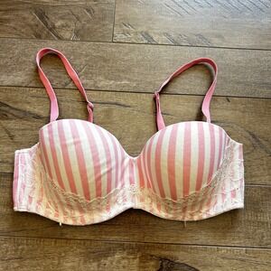 Victoria's Secret Lined Pink & White Stripe Lace Rhinestone Bra 36C
